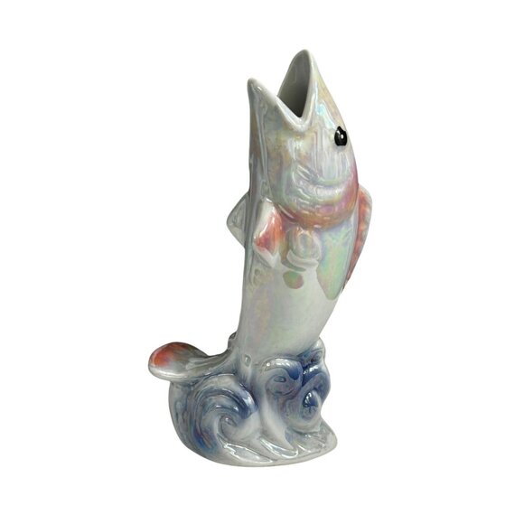 Ceramic Fish Shaped Bud Vase With Pink Rose & Iridescent Finish Design - Picture 3 of 7